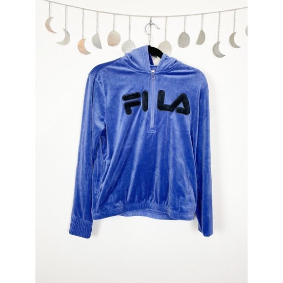 Fila Woman's Sz‎ M Blue Velvet Velour Hoodie Sweatshirt Quarter Zip Pull Over - Picture 1 of 7